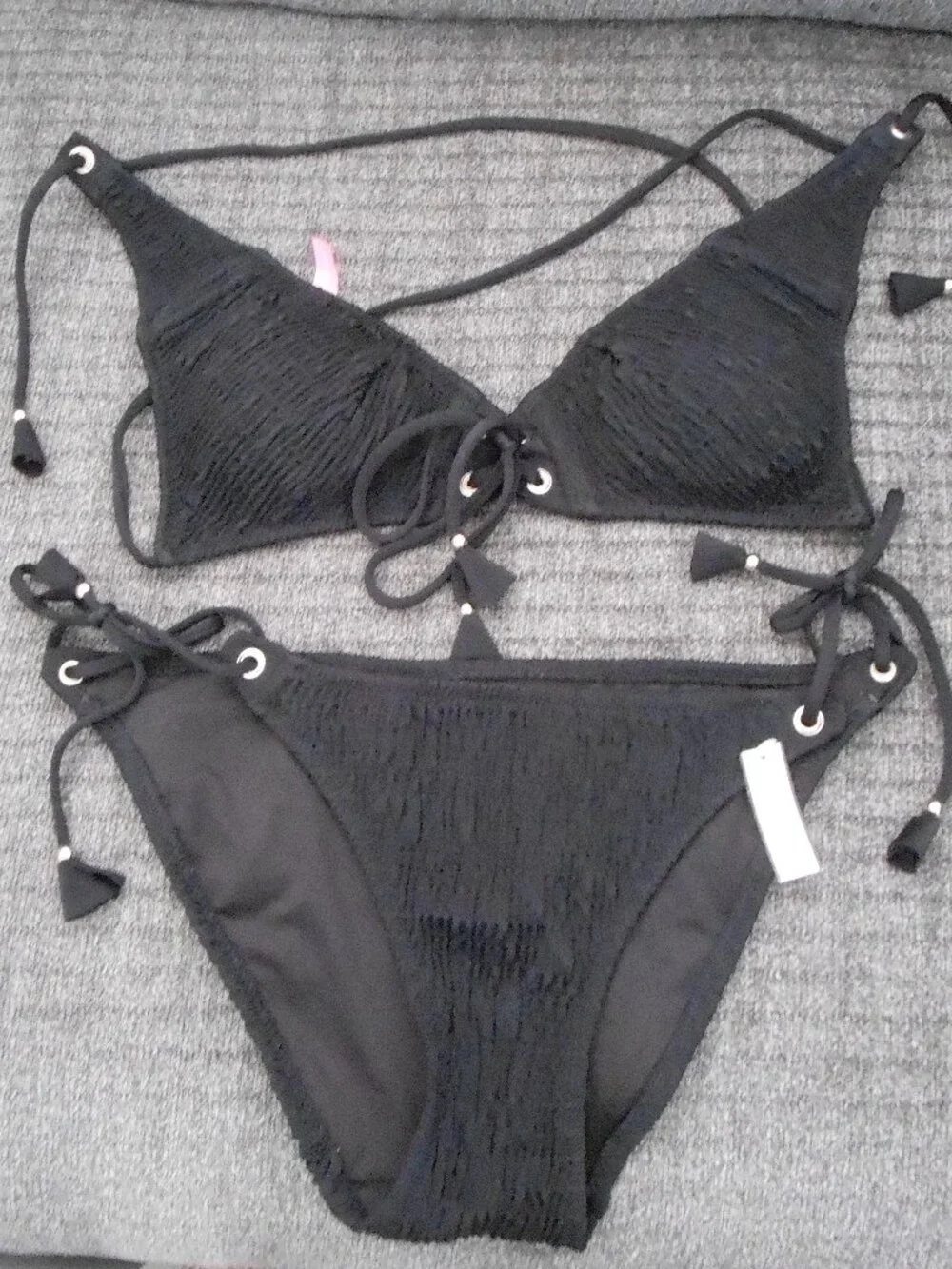 Victoria Secret Women's Black Ribbed 2 Pc Halter Top Bikini Bathing Suit Size-M
